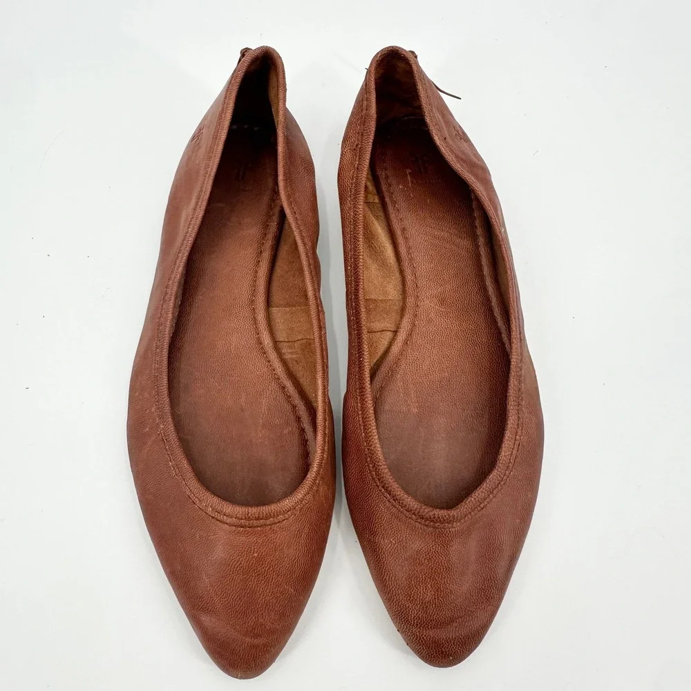 Frye Regina Pointed Toe Ballet Flats Cognac Brown Leather Womens 8.5